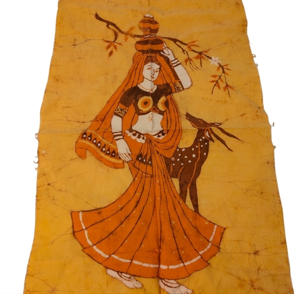 BATiK Bharatanatyam Tamil Yellow Gold Dancer Indian Wall Hanging Art - Picture 1 of 9